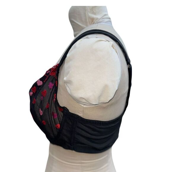 Cacique Unlined Balconette Bra 42DD Black Sheer Embroidered Hearts - Picture 9 of 12